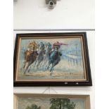 A LARGE OIL ON CANVAS OF RACING HORSES INDISTINCTLY SIGNED 60x 90 cm.
