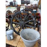 A PAIR OF WAGON WHEEL CEILING LIGHTS A GALVANISED BUCKET AND WATERING CAN.