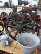 A PAIR OF WAGON WHEEL CEILING LIGHTS A GALVANISED BUCKET AND WATERING CAN.