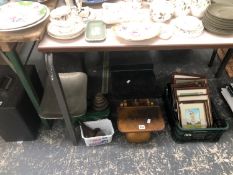 TWO SETS OF KITCHEN SCALES WITH SOME WEIGHTS AND TOGETHER WITH A COLLECTION OF CRICKETING PRINTS