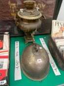 A BRASS SAMOVAR TOGETHER WITH AN ELECTROPLATE MEAT DISH COVER AND A WARMING PAN.
