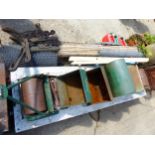 TWO VINTAGE PUSH MOWERS, JERRY CANS, A BRAZIER, STEP LADDER, BENCH ENDS ETC