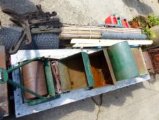 TWO VINTAGE PUSH MOWERS, JERRY CANS, A BRAZIER, STEP LADDER, BENCH ENDS ETC