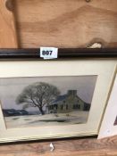 A CHARCOAL NUDE STUDY BY ALBERT SIMMONS, A SMALL WATERCOLOUR SIGNED HUDDLESTON AND A FRAME