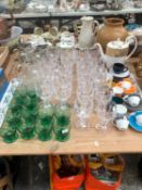 CLEAR GLASS WINE GLASSES, GREEN TUMBLERS TOGETHER WITH VILLEROY AND BOCH COFFEE CUPS, ETC.