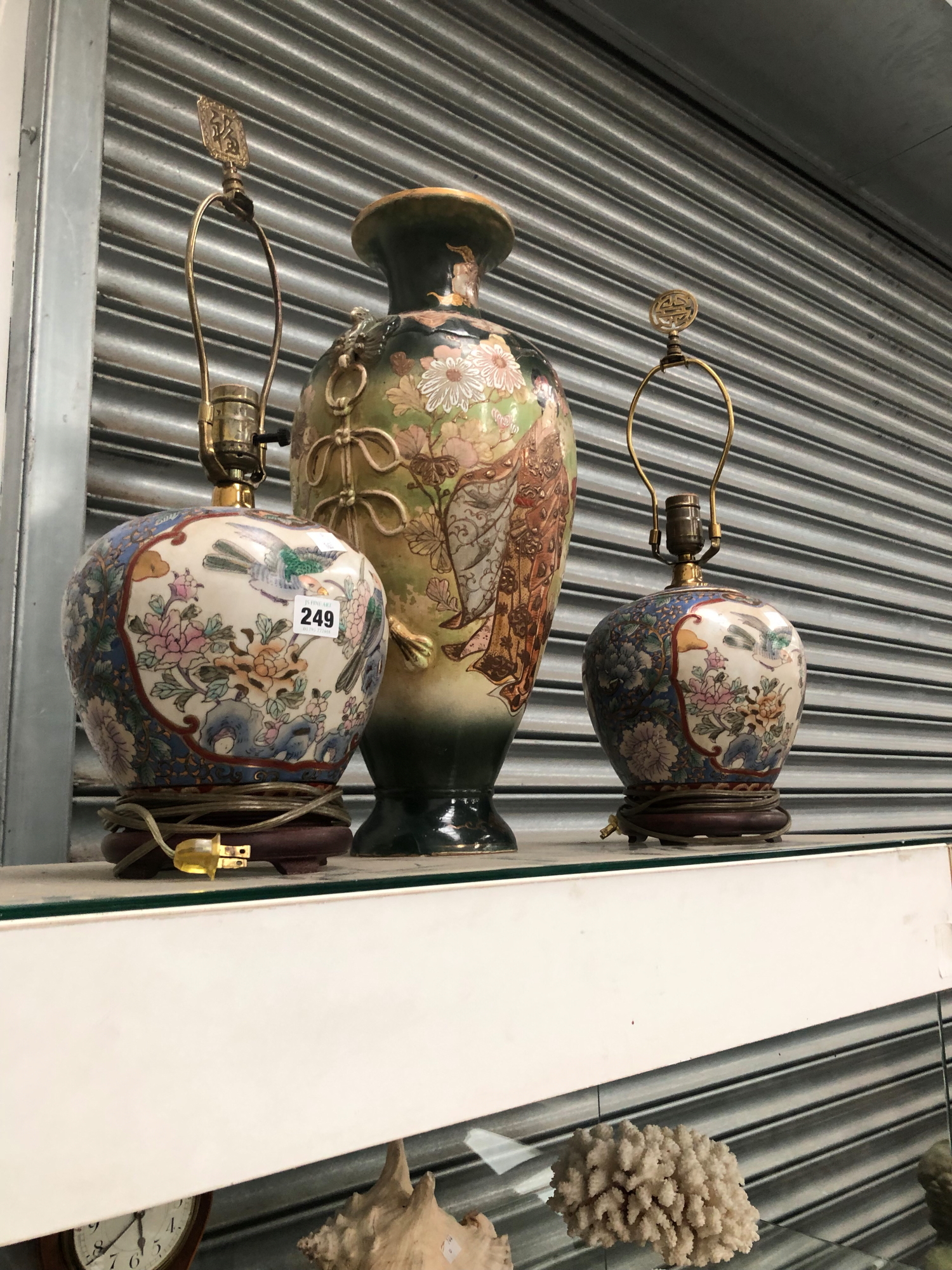 A SATSUMA VASE TOGETHER WITH A PAIR OF CHINESE GINGER JAR TABLE LAMPS