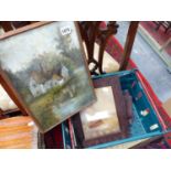 A EARLY 20th C. OIL PAINTING AND VARIOUS PICTURE FRAMES ETC.