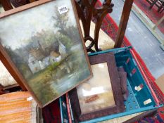 A EARLY 20th C. OIL PAINTING AND VARIOUS PICTURE FRAMES ETC.