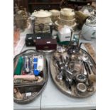 ELECTROPLATE CUTLERY, TWO OVAL TRAYS AND OTHER WARES, GILT NECKLACES, SOUVENIR TEA SPOONS, ETC.
