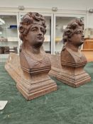 A PAIR OF FRENCH 19th CENTURY CAST IRON ANDIRONS/FIRE DOGS WITH FEMALE BUSTS