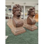 A PAIR OF FRENCH 19th CENTURY CAST IRON ANDIRONS/FIRE DOGS WITH FEMALE BUSTS