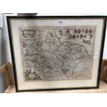 BLAEU, A MAP OF YORKSHIRE FORMED OF TWO PAGES FROM A BOOK AND IN A DOUBLE SIDED FRAME