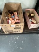 A COLLECTION OF SMALL DOLLS TOGETHER WITH SOME PLASTIC DOLLS HOUSE FURNISHINGS