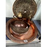 TWO MIDDLE EASTERN COPPER BOWLS, A TRAY AND TWO BRASS JUGS