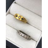 AN 18ct HALLMARKED GOLD ANTIQUE SAPPHIRE AND DIAMOND RING, FINGER SIZE P, TOGETHER WITH A 18ct WHITE