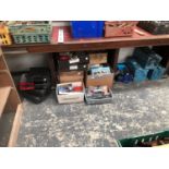 TOOL BOXES, SPANNERS, DRILLS, TAPS, A VICE, A MINI COMPRESSOR, ETC