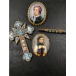 A LARGE MICRO MOSAIC CROSS PENDANT, A SIMILAR BAR BROOCH, TOGETHER WITH TWO HAND PAINTED PORCELAIN