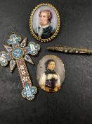 A LARGE MICRO MOSAIC CROSS PENDANT, A SIMILAR BAR BROOCH, TOGETHER WITH TWO HAND PAINTED PORCELAIN