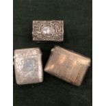 TWO HALLMARKED SILVER VESTA CASES, AND A MATCHBOX COVER. 82grms.