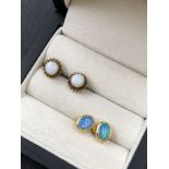 A PAIR OF 18ct HALLMARKED GOLD OPAL STUD EARRINGS AND A SIMILAR PAIR IN 9ct GOLD.
