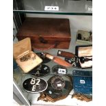 A LEATHER CASE OF SEWING EQUIPMENT, TWO DESK SEAL SETS, A CASED DOMINO SET, A SHEATH KNIFE AND DRESS