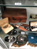 A LEATHER CASE OF SEWING EQUIPMENT, TWO DESK SEAL SETS, A CASED DOMINO SET, A SHEATH KNIFE AND DRESS