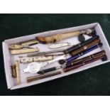 A GROUP OF ANTIQUE AND VINTAGE PENS. SILVER BLADED FRIUT KNIFE AND ENAMELLED PROPELLING PENCIL, A
