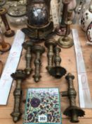 SIX BRASS WALL FITTING CANDLESTICKS, AN ELECTROPLATE BOWL AND A FLORAL JEWELLERY BOX