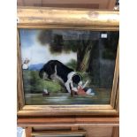 TWO REVERSE GLASS PAINTED SCENES OF A DOG SAVING A CHILD, TOGETHER WITH A CASTLE VIEW 39 x 60cm