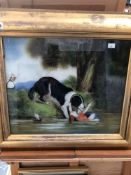 TWO REVERSE GLASS PAINTED SCENES OF A DOG SAVING A CHILD, TOGETHER WITH A CASTLE VIEW 39 x 60cm