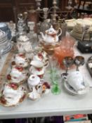 A ROYAL ALBERT OLD COUNTRY ROSE PATTERN TEA SET, DECANTERS AND A PINKGLASS TEA SET.