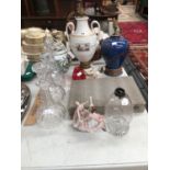 THREE TABLE LAMPS, THREE DECANTERS, A CASE OF FISH KNIVES AND FORKS, LACE TRIMMED DANCING GROUP,