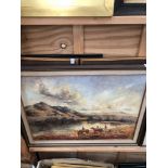 JULIET M TELFORD 20th C. FRAMED OIL ON BOARD OF A HUNTING SCENE. 45 x 59cms TOGETHER WITH TWO CARVED
