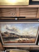 JULIET M TELFORD 20th C. FRAMED OIL ON BOARD OF A HUNTING SCENE. 45 x 59cms TOGETHER WITH TWO CARVED