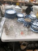 AN ALBION BLUE AND WHITE POTTERY DINNER SET, A COLLECTION OF GLASS SALTS, A BLUE JASPER BISCUIT
