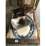 KITCHEN SCALES, WEIGHTS AND A PLATTER