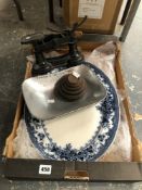 KITCHEN SCALES, WEIGHTS AND A PLATTER