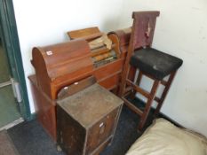 A VINTAGE PIANOLA TOGETHER WITH A OAK HIGH CHAIR, A COAL BOX AND A VINTAGE TELEPHONE