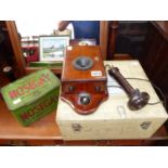 AN ANTIQUE WALL TELEPHONE AND A NOSEGAY TOBACCO BOX