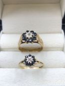 TWO 9ct GOLD HALLMARKED SAPPHIRE AND DIAMOND CLUSTER RINGS. FINGER SIZES M AND R. GROSS WEIGHT 6.