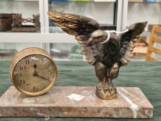 FRENCH ART DECO EAGLE CLKOCK WITH ENGINE TURNED FACE DECORATION ON ED MARBLE BASE AND GLIDED SPELTER