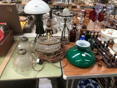 TWO VIENNA SECESSION STYLE TABLE LAMPS, HOLOPHANE AND OTHER GLASS SHADES, A CONCERTINA OF WOODEN