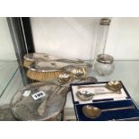 A HALLMARKED SILVER MOUNTED DRESSING TABLE SET AND VARIOUS SILVER SPOONS. WEIGHABLE SILVER 203grms.