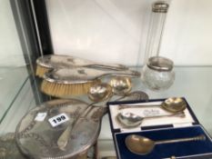 A HALLMARKED SILVER MOUNTED DRESSING TABLE SET AND VARIOUS SILVER SPOONS. WEIGHABLE SILVER 203grms.