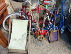 A VINTAGE CHILDS BICYCLE, A SCOOTER, VINTAGE TENNIS RACKETS ETC.