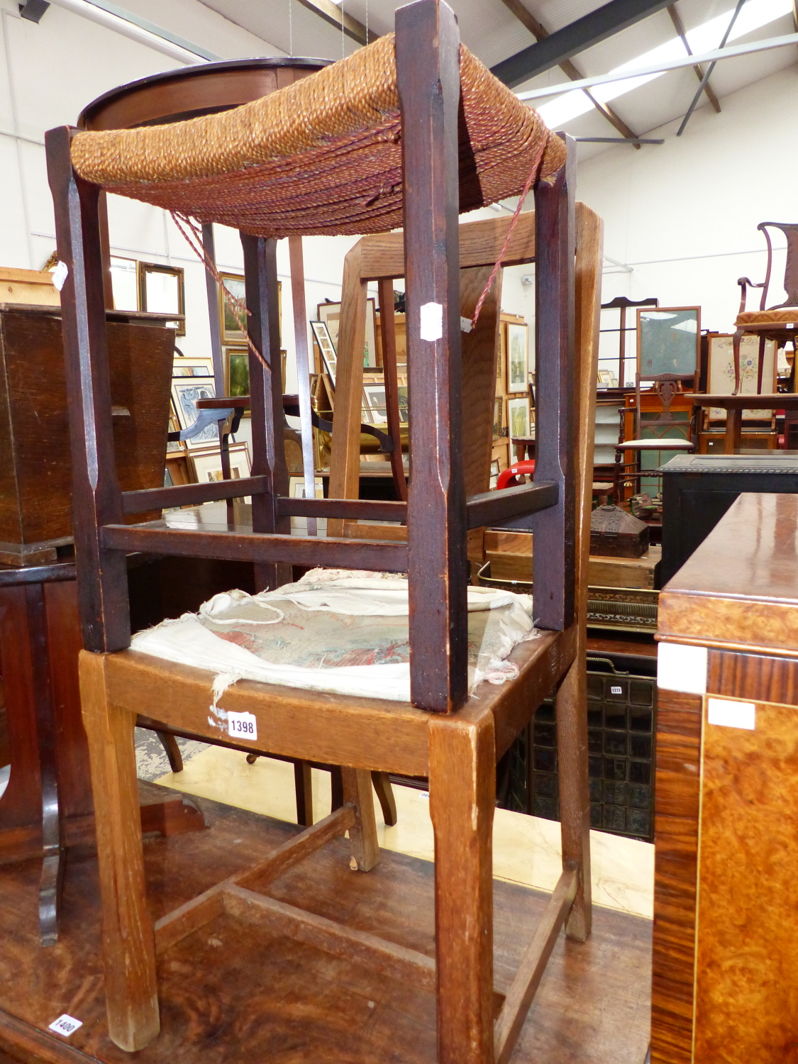 AN ART DECO SIDE CHAIR AND A STOOL.