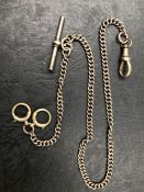 A VINTAGE DOUBLE ALBERT WATCH CHAIN COMPLETE WITH T-BAR, CLASPS POSSIBLY CONTINENEL LOW GRADE. THE