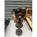 A PAIR OF TWO HANDLED VASES IN ANCIENT GREEK TASTE, A COPPER PRICKET CANDLESTICK AND GILT METAL