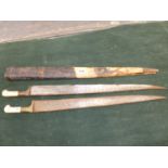 TWO SIMILAR 19th C. AFGHAN SHORT SWORDS WITH BRADD AND BONE HILTS