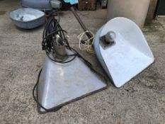 A VINTAGE ENAMEL WALL MOUNTED STREET LAMP BY BENJAMIN ELECTRICAL MANUFACTURING AND ANOTHER SIMILAR